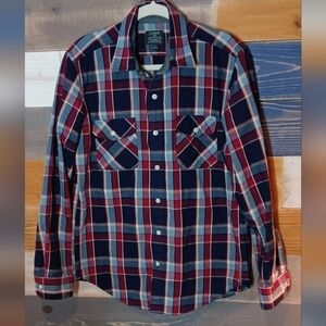 J. Crew Men's Navy and Red Plaid Button Down Flannel Heavy Weight M